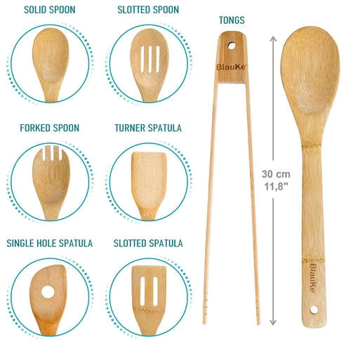 Wooden Spoons for Cooking 7-Pack - Bamboo Kitchen Utensils Set for
